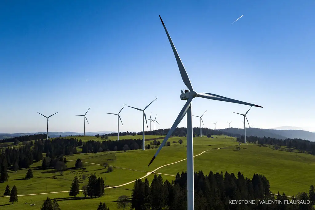 Wind turbines from the JUVENT power plant are pictured on the Mont-Croset in Saint-Imier, Switzerland on Wednesday May 10, 2017.